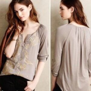 Anthropologie Tiny Gray Embellished 3/4 Sleeve Henley Neck Blouse